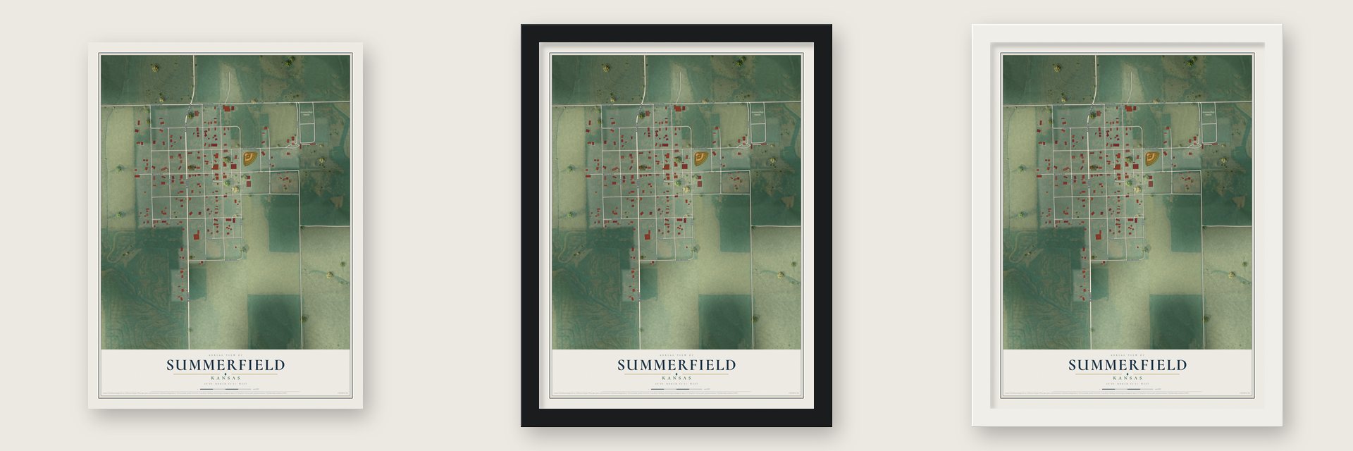 Summerfield, Kansas map unframed, in a black wood frame and in a white wood frame