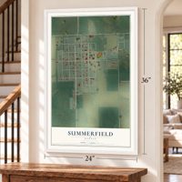 Summerfield, Kansas map, 24 x 36 inch print in a white frame by a staircase