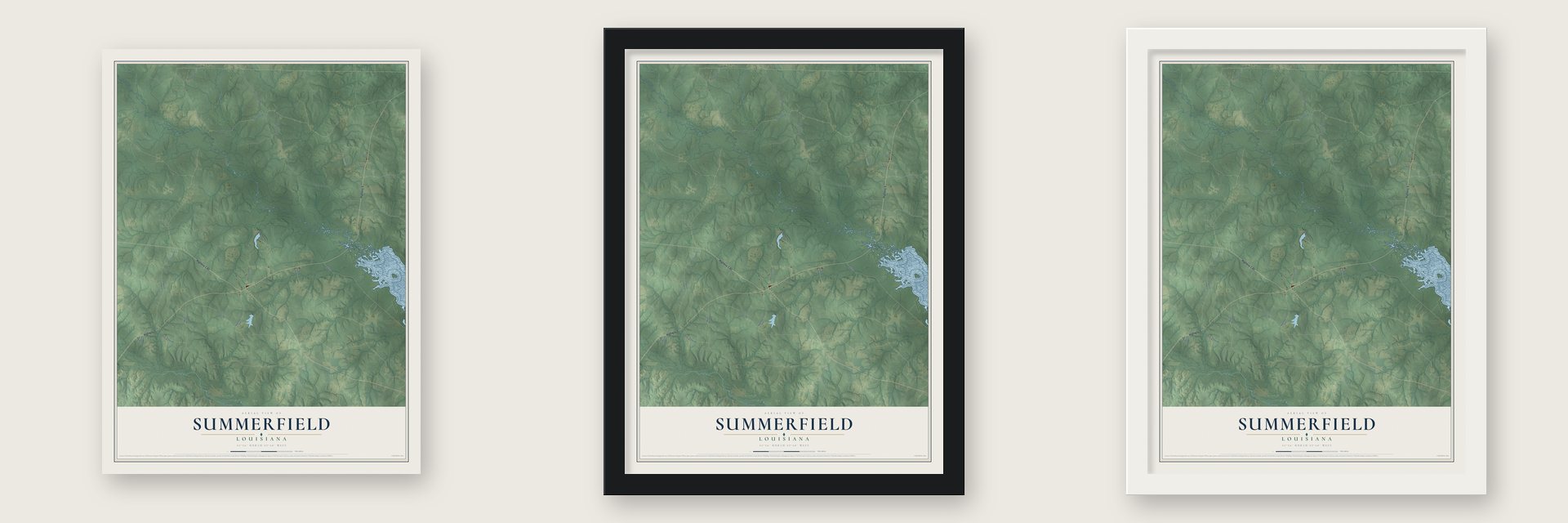 Summerfield, Louisiana map unframed, in a black wood frame and in a white wood frame