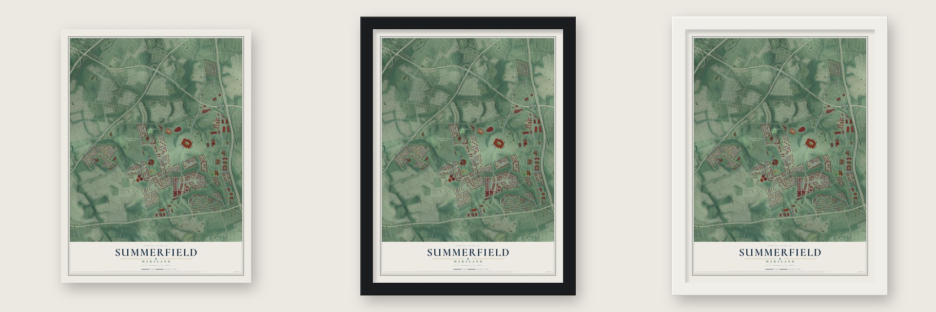 Summerfield, Maryland map unframed, in a black wood frame and in a white wood frame