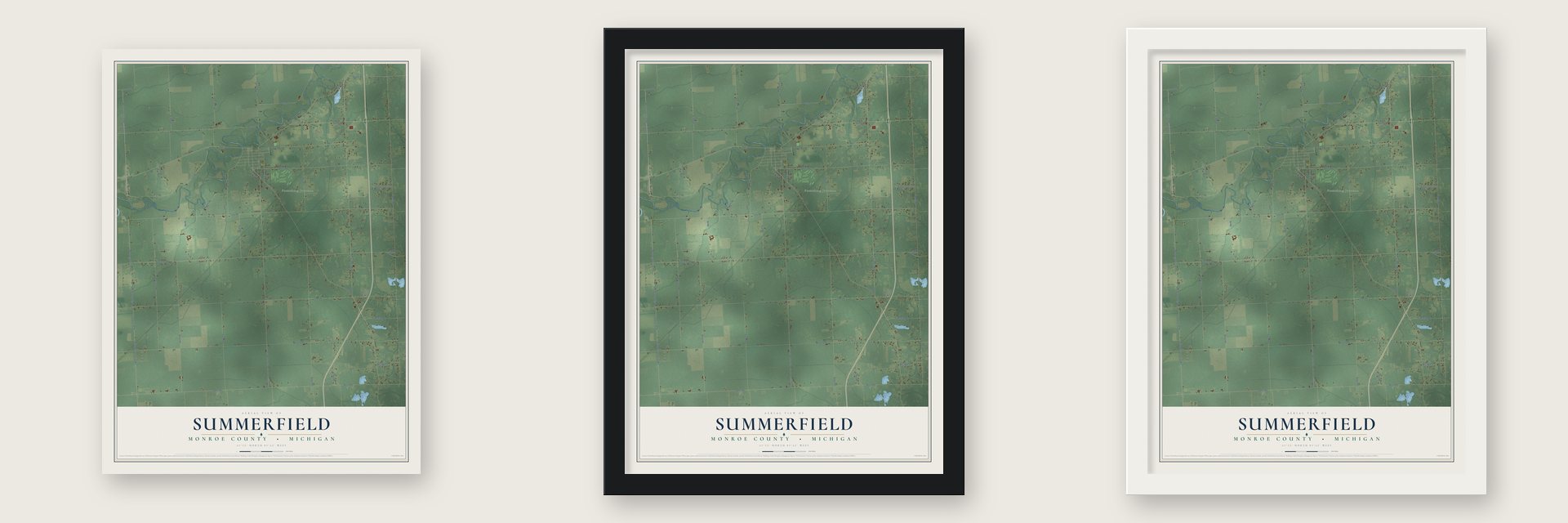Summerfield, Monroe County, Michigan map unframed, in a black wood frame and in a white wood frame