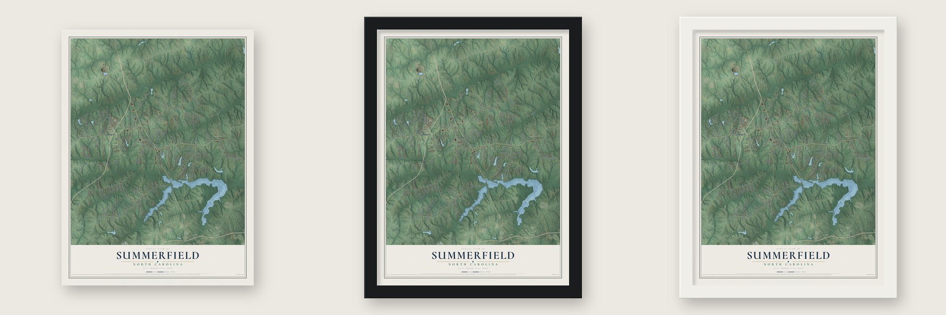 Summerfield, North Carolina map unframed, in a black wood frame and in a white wood frame