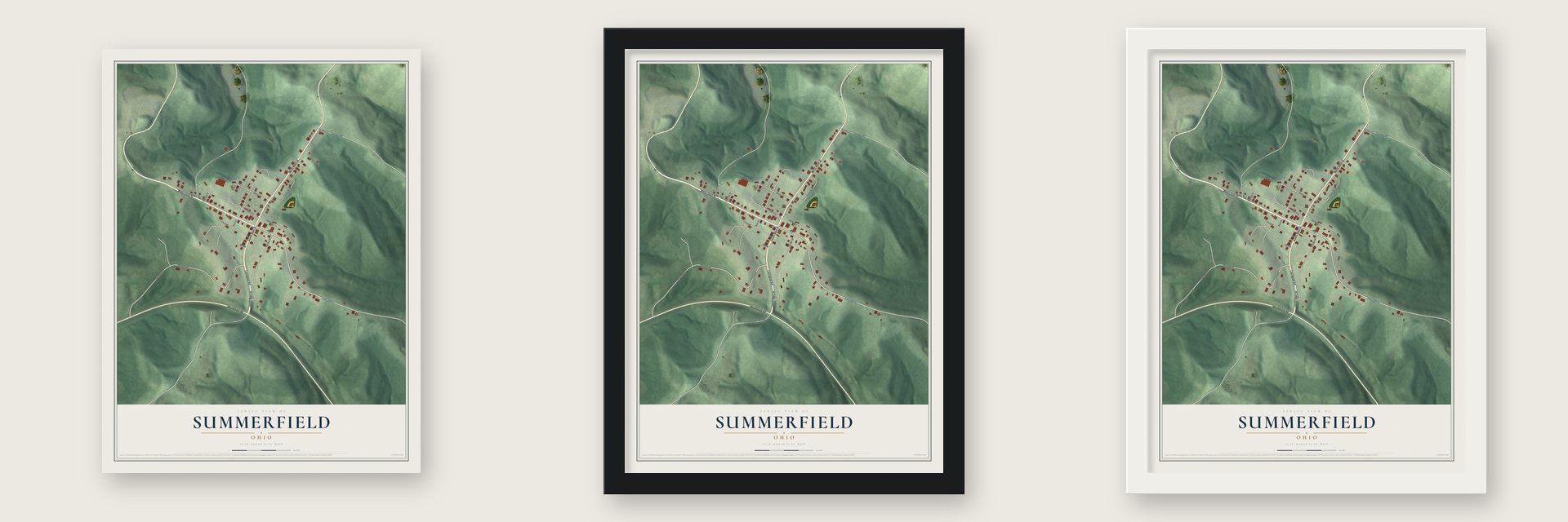 Summerfield, Ohio map unframed, in a black wood frame and in a white wood frame