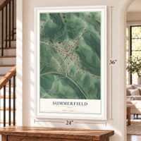 Summerfield, Ohio map, 24 x 36 inch print in a white frame by a staircase