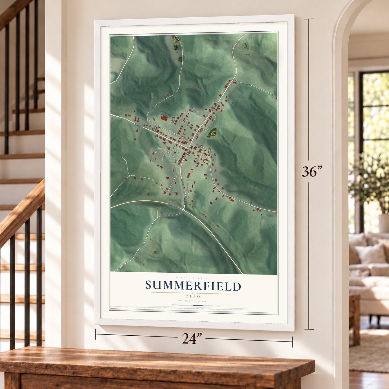Summerfield, Ohio map, 24 x 36 inch print in a white frame by a staircase