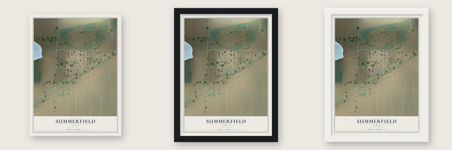 Summerfield, Texas map unframed, in a black wood frame and in a white wood frame