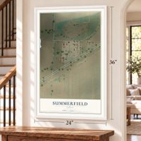 Summerfield, Texas map, 24 x 36 inch print in a white frame by a staircase