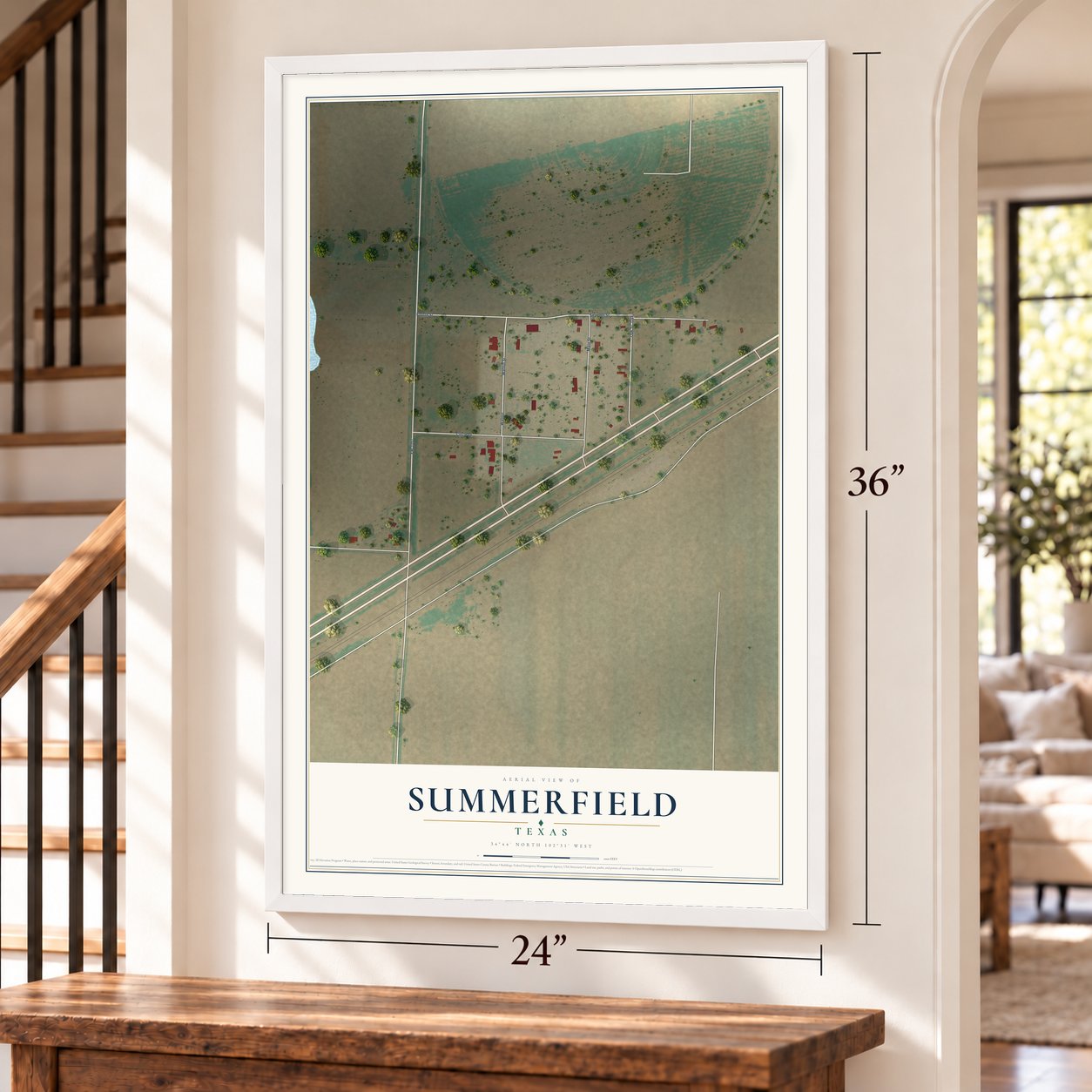 Summerfield, Texas map, 24 x 36 inch print in a white frame by a staircase