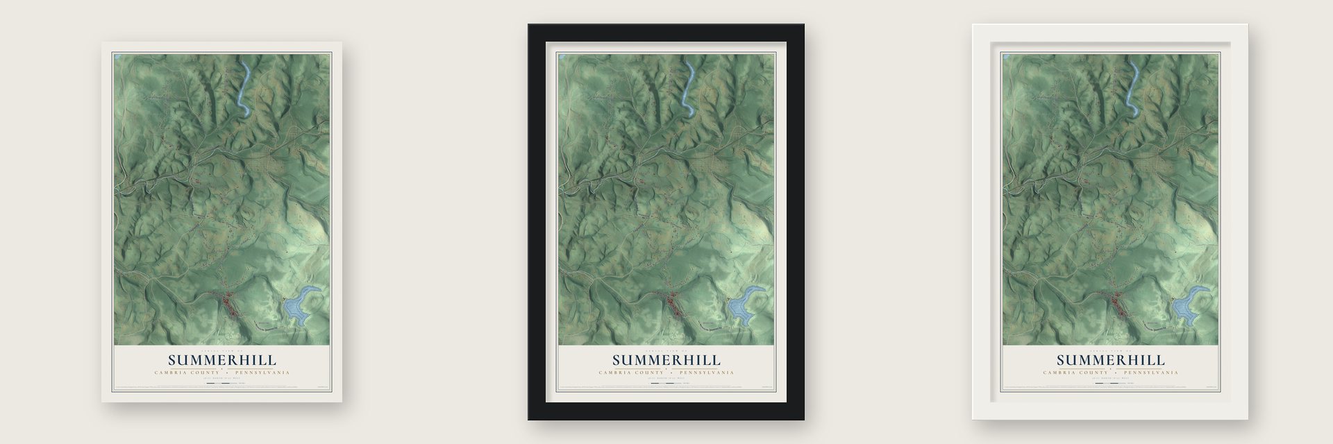 Summerhill, Cambria County, Pennsylvania map unframed, in a black wood frame and in a white wood frame