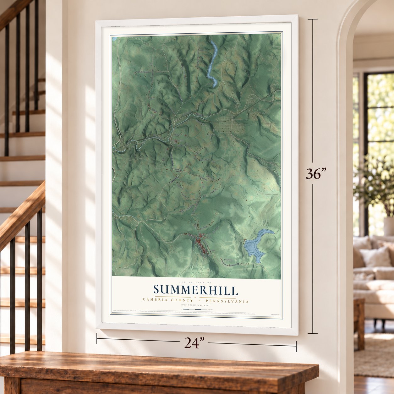Summerhill, Cambria County, Pennsylvania map, 24 x 36 inch print in a white frame by a staircase