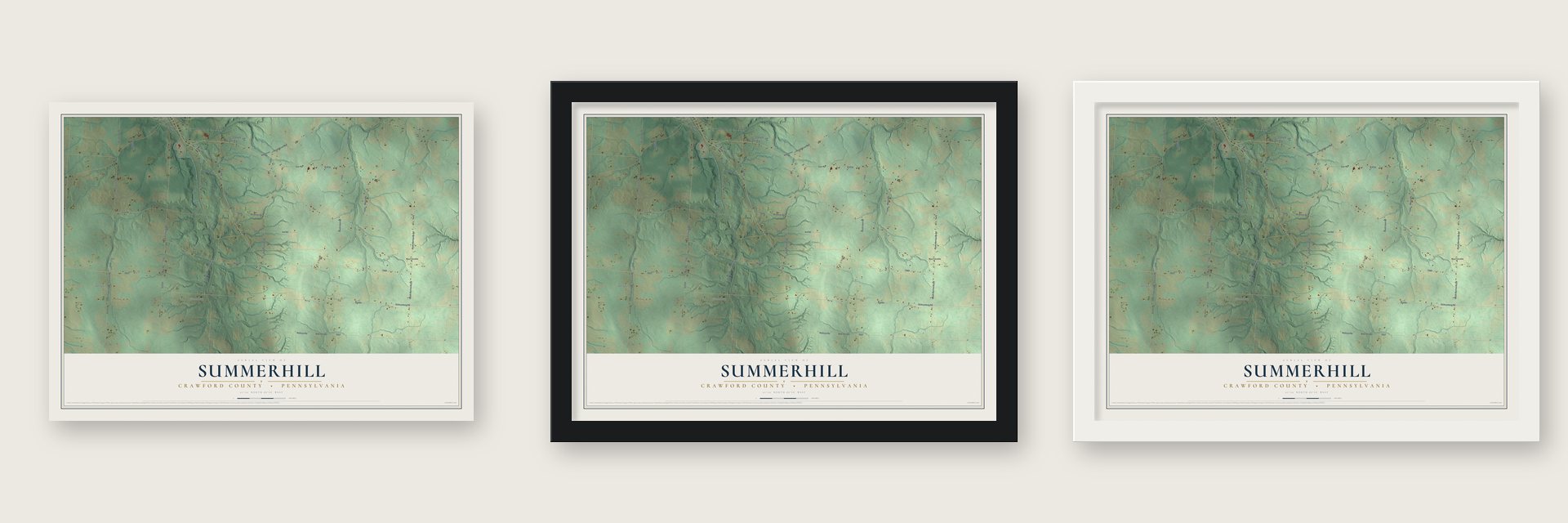 Summerhill, Crawford County, Pennsylvania map unframed, in a black wood frame and in a white wood frame