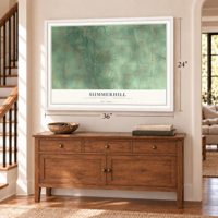 Summerhill, Crawford County, Pennsylvania map, 24 x 36 inch print in a white frame above a dresser by a staircase