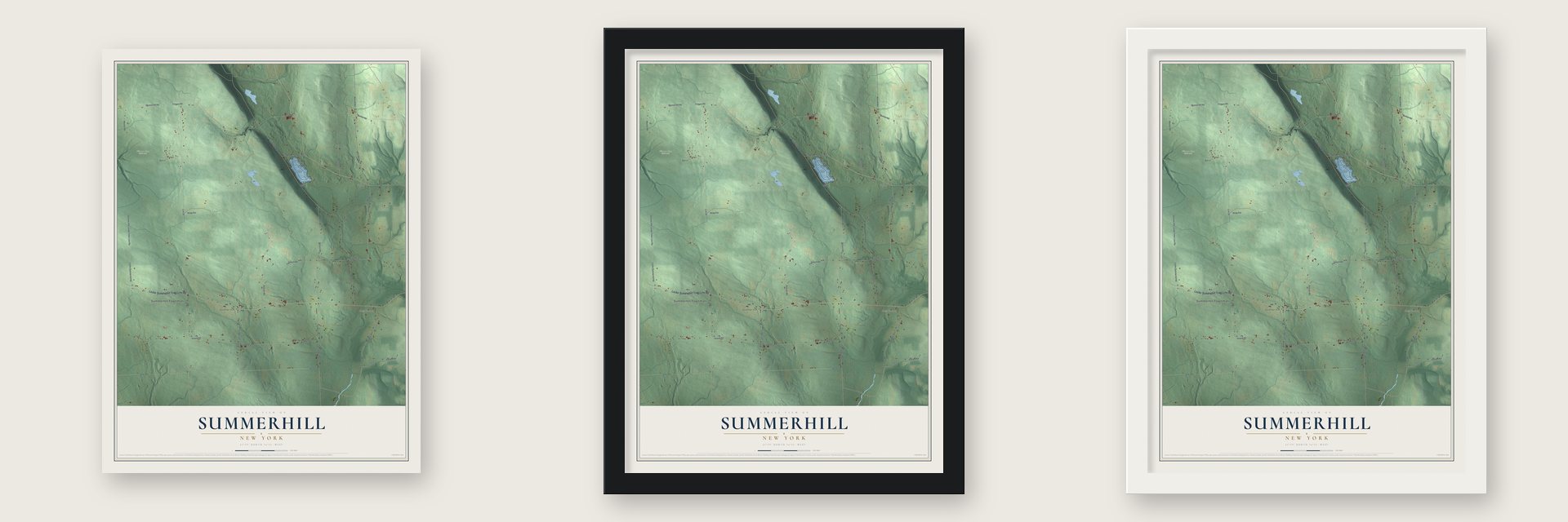 Summerhill, New York map unframed, in a black wood frame and in a white wood frame