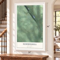 Summerhill, New York map, 24 x 36 inch print in a white frame by a staircase