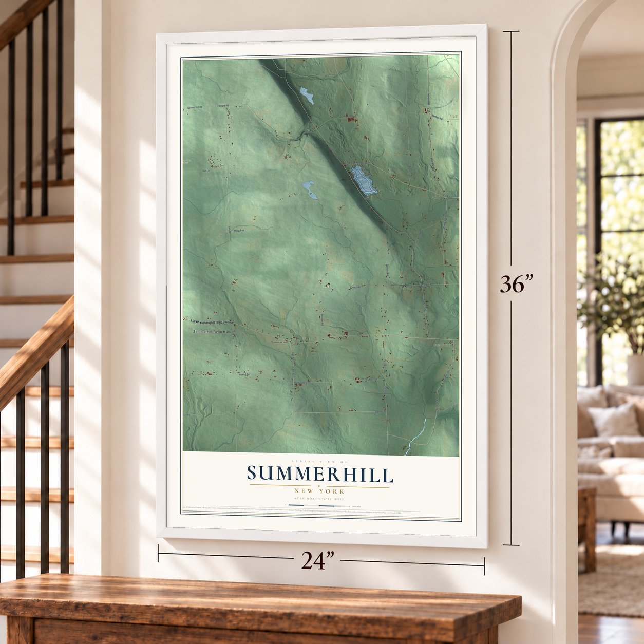 Summerhill, New York map, 24 x 36 inch print in a white frame by a staircase