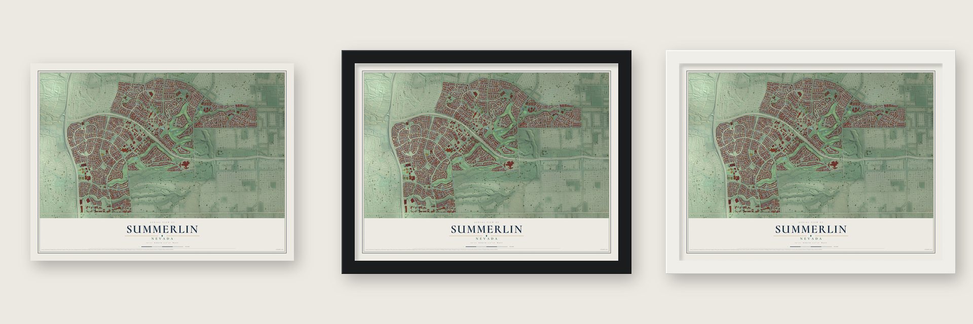 Summerlin, Nevada map unframed, in a black wood frame and in a white wood frame