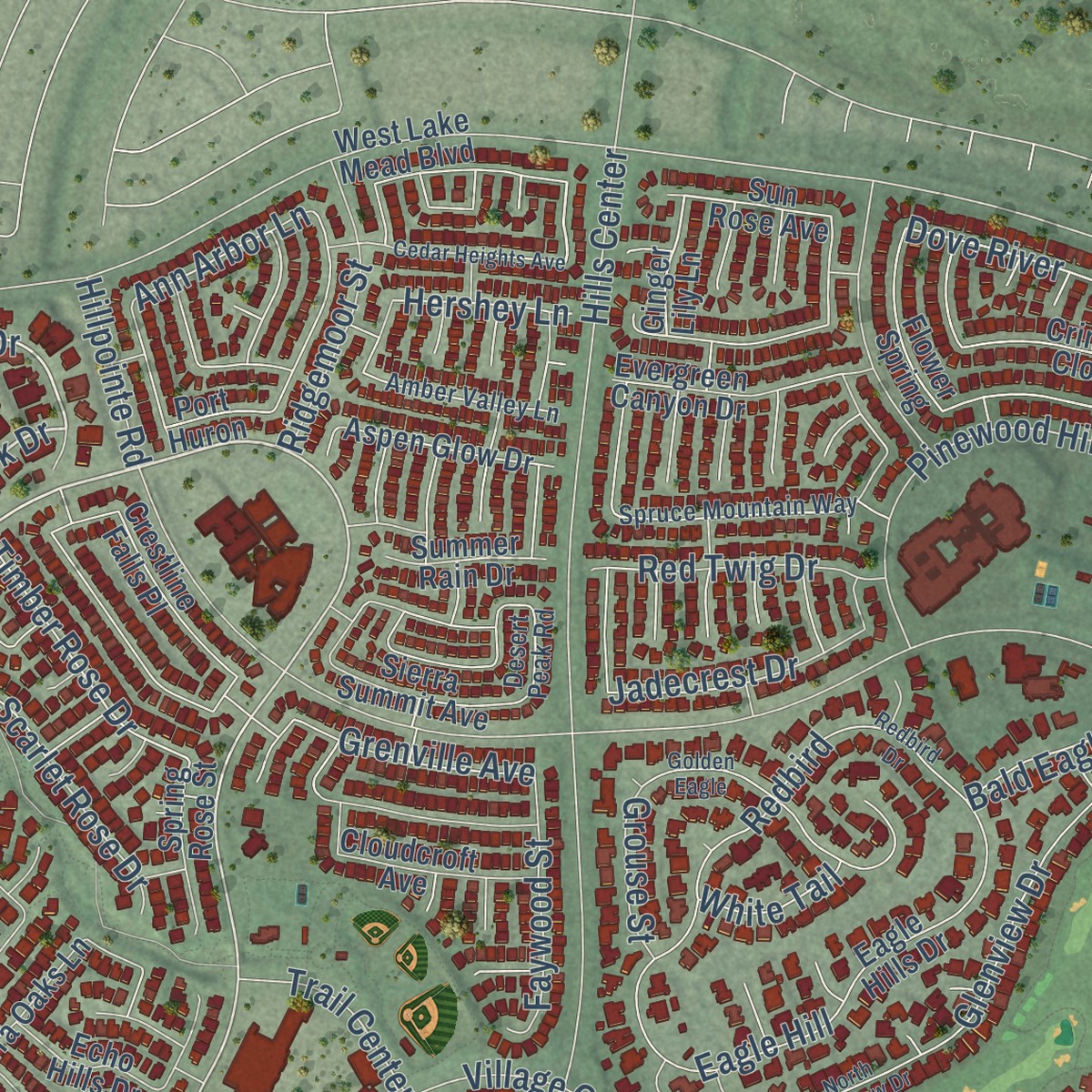 Second close-up of the map of Summerlin, Nevada print showing more streets and buildings