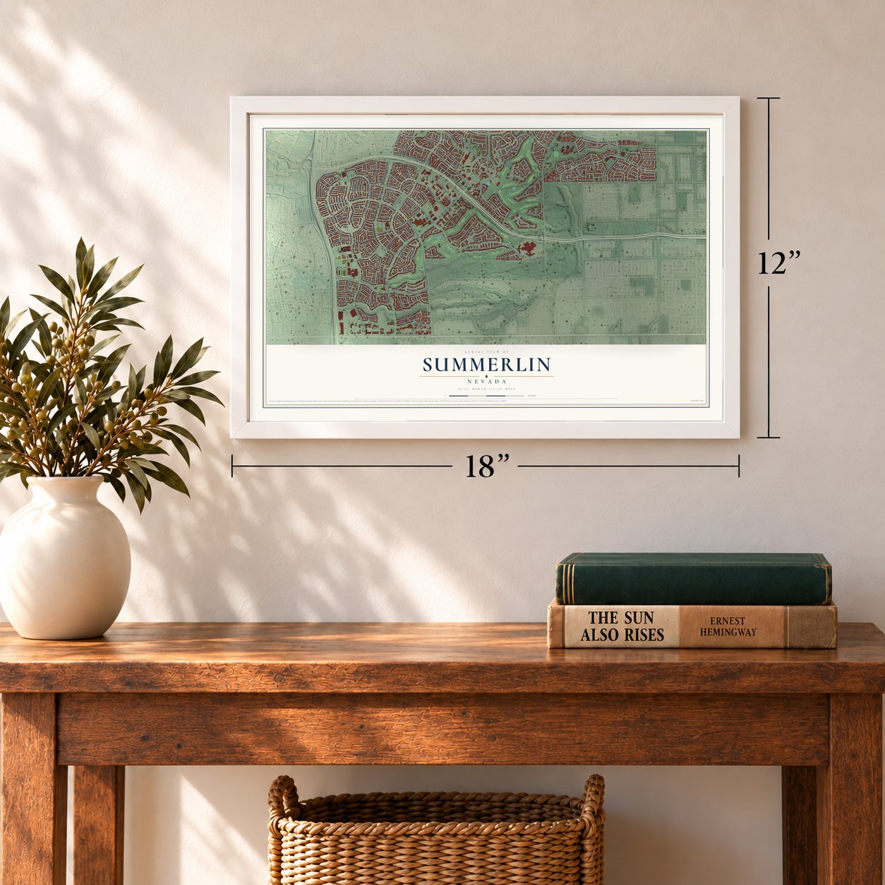 Summerlin, Nevada map, 12 x 18 inch print in a white frame in an entryway