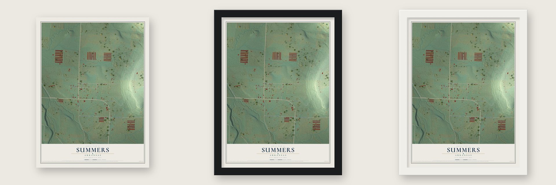 Summers, Arkansas map unframed, in a black wood frame and in a white wood frame