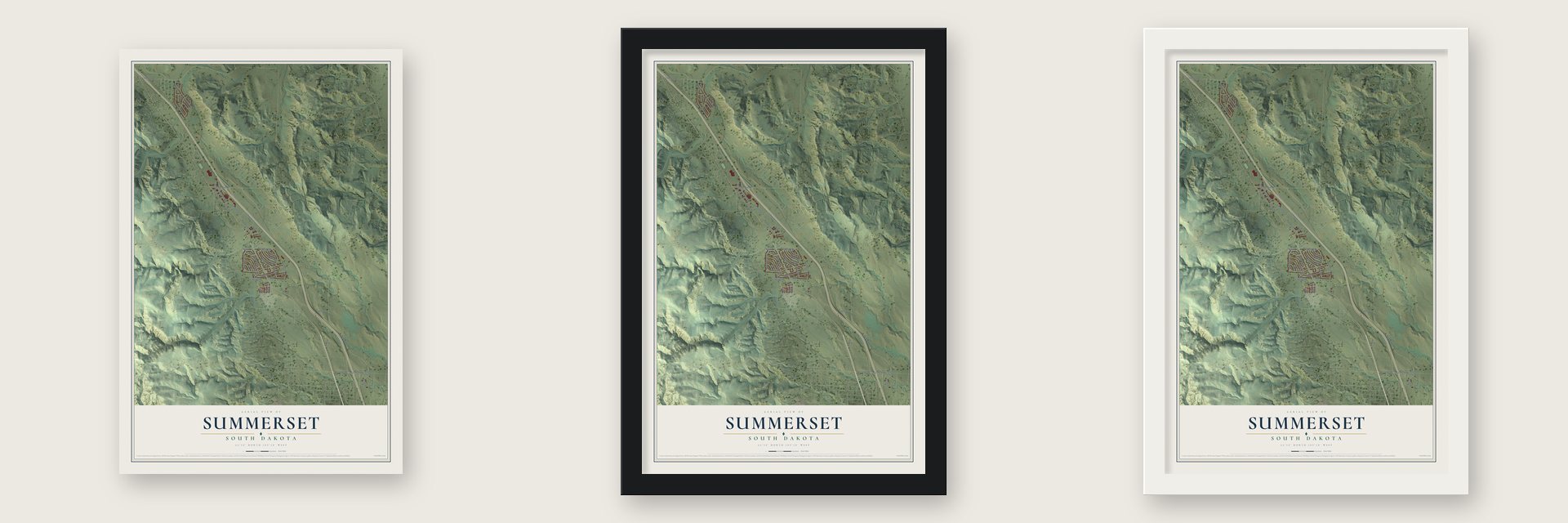 Summerset, South Dakota map unframed, in a black wood frame and in a white wood frame