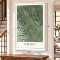 Summerset, South Dakota map, 24 x 36 inch print in a white frame by a staircase