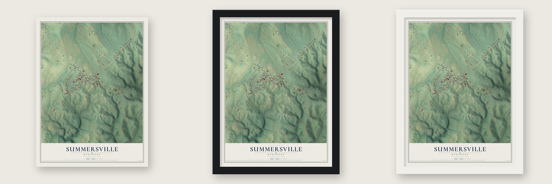 Summersville, Kentucky map unframed, in a black wood frame and in a white wood frame