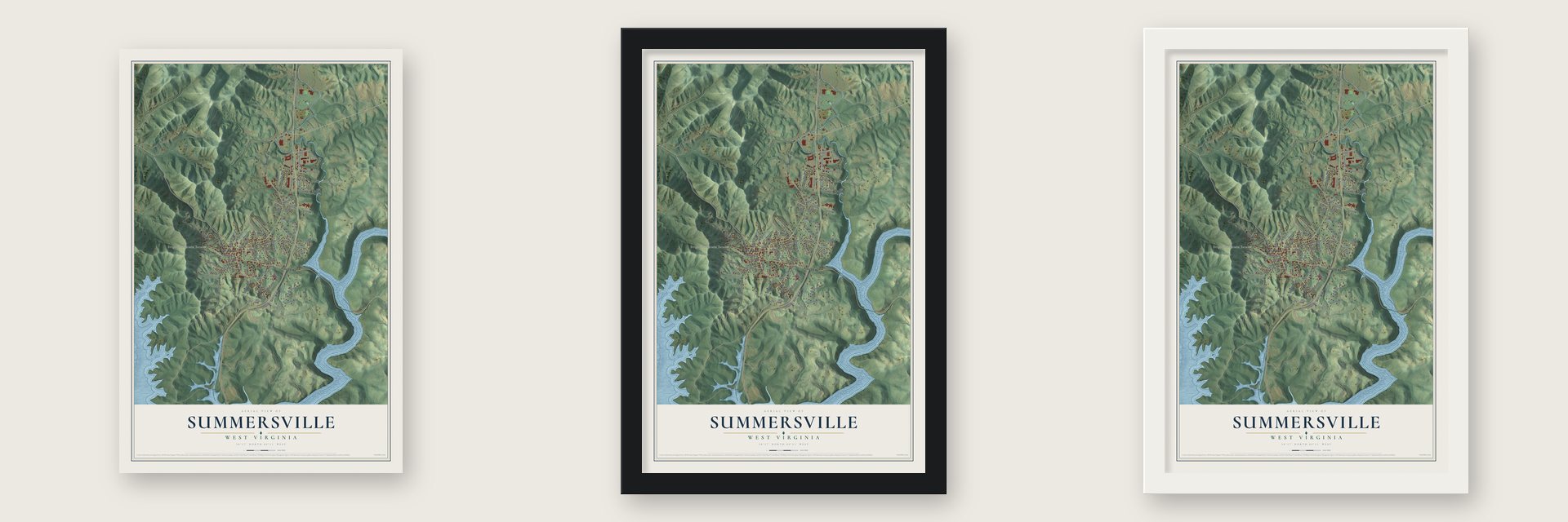 Summersville, West Virginia map unframed, in a black wood frame and in a white wood frame