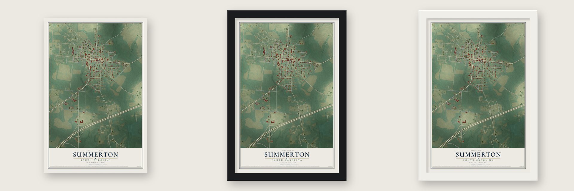 Summerton, South Carolina map unframed, in a black wood frame and in a white wood frame