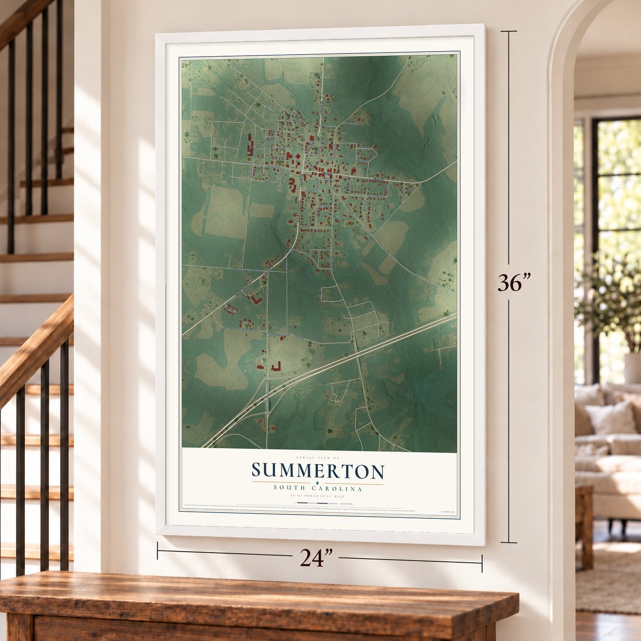 Summerton, South Carolina map, 24 x 36 inch print in a white frame by a staircase
