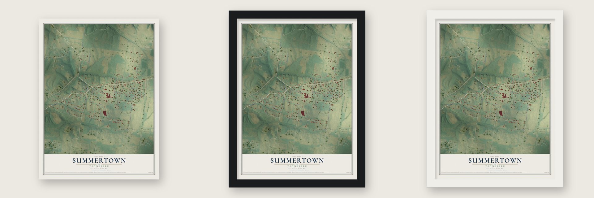 Summertown, Tennessee map unframed, in a black wood frame and in a white wood frame