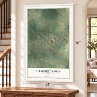 Summertown, Tennessee map, 24 x 36 inch print in a white frame by a staircase