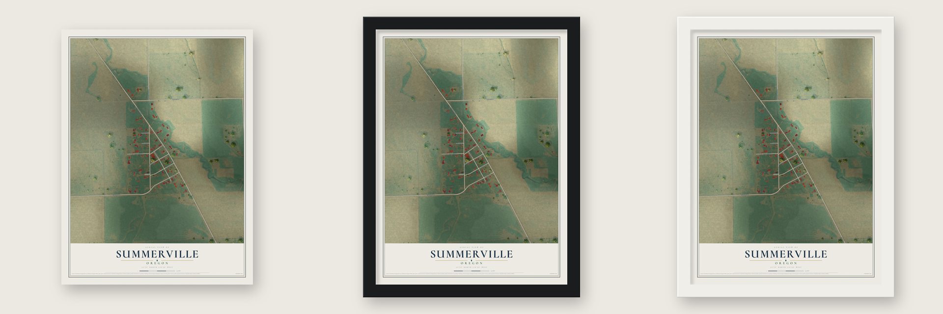 Summerville, Oregon map unframed, in a black wood frame and in a white wood frame