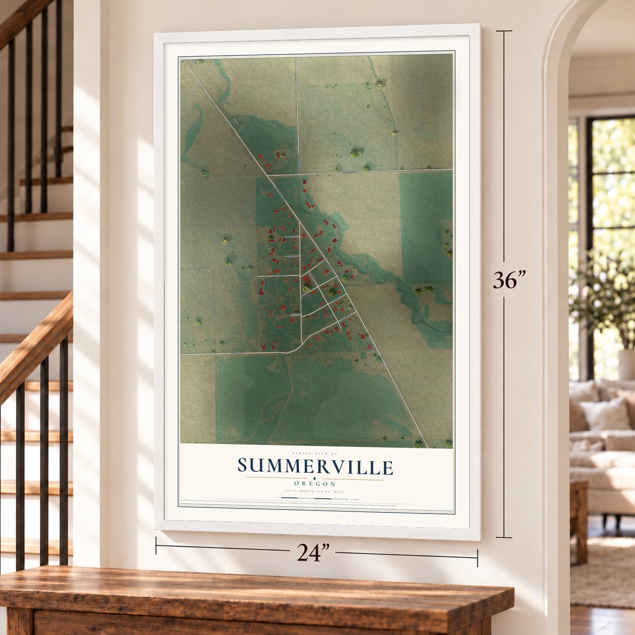 Summerville, Oregon map, 24 x 36 inch print in a white frame by a staircase