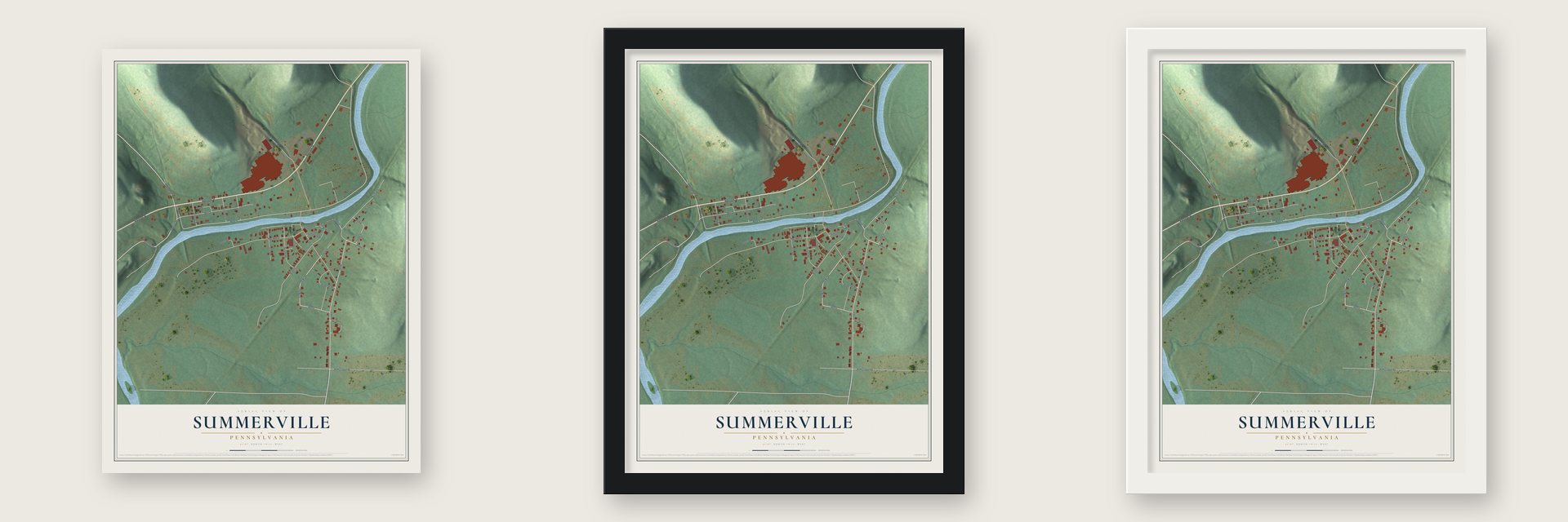 Summerville, Pennsylvania map unframed, in a black wood frame and in a white wood frame