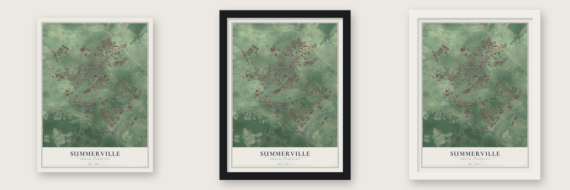 Summerville, South Carolina map unframed, in a black wood frame and in a white wood frame