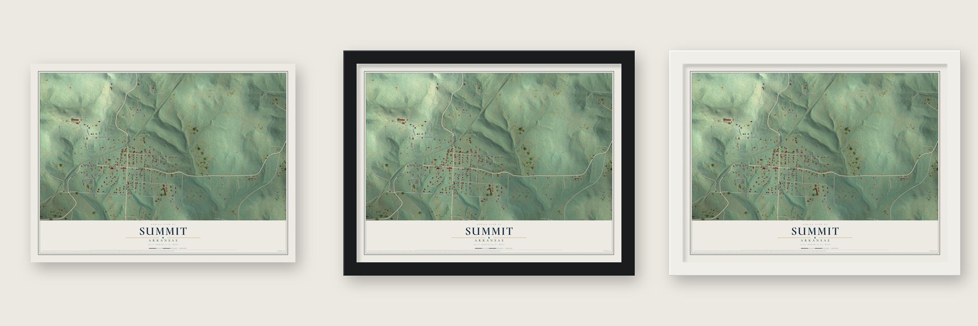 Summit, Arkansas map unframed, in a black wood frame and in a white wood frame