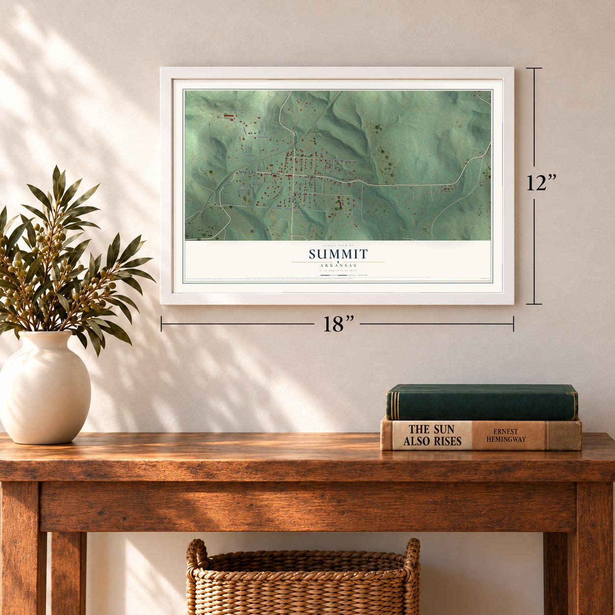 Summit, Arkansas map, 12 x 18 inch print in a white frame in an entryway
