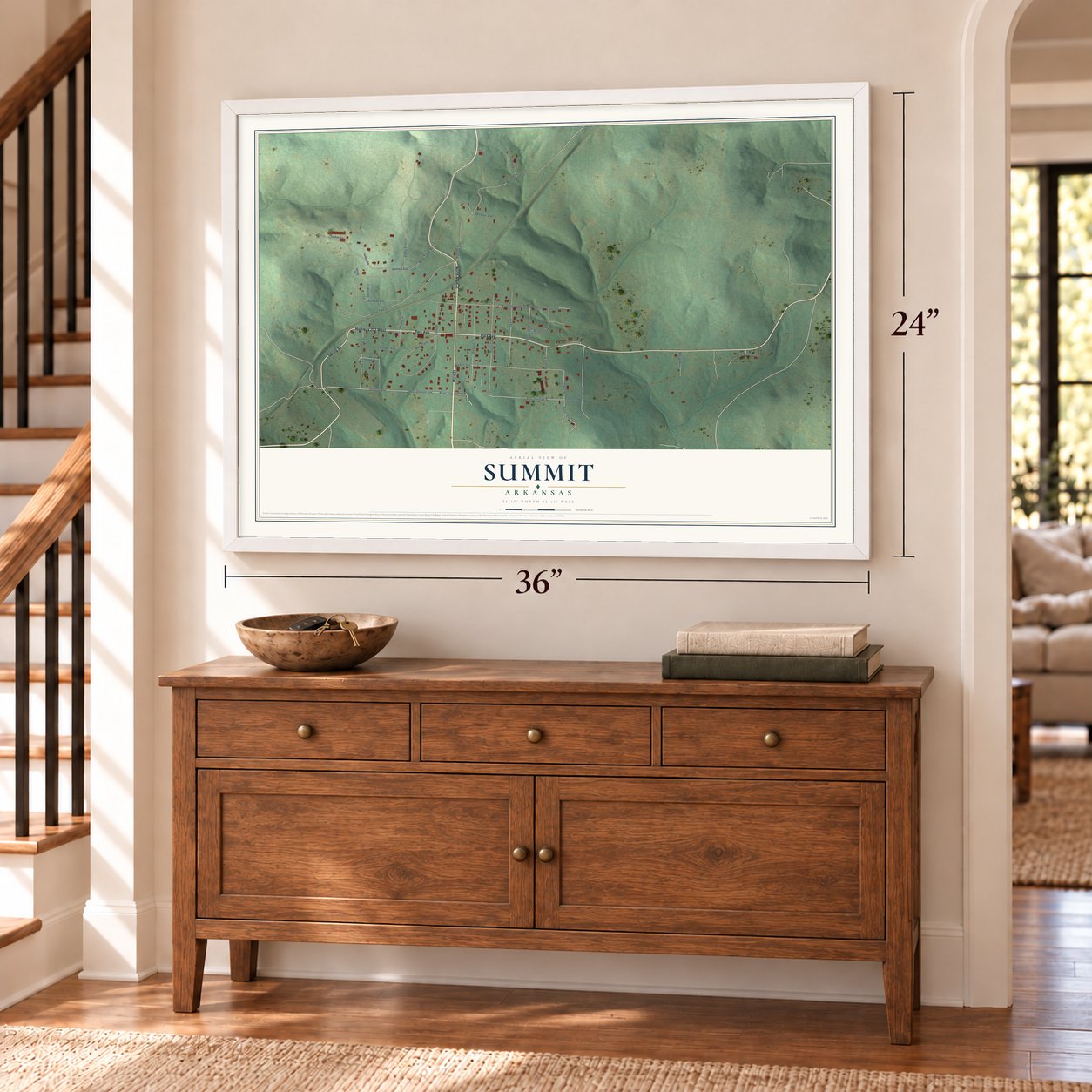Summit, Arkansas map, 24 x 36 inch print in a white frame above a dresser by a staircase