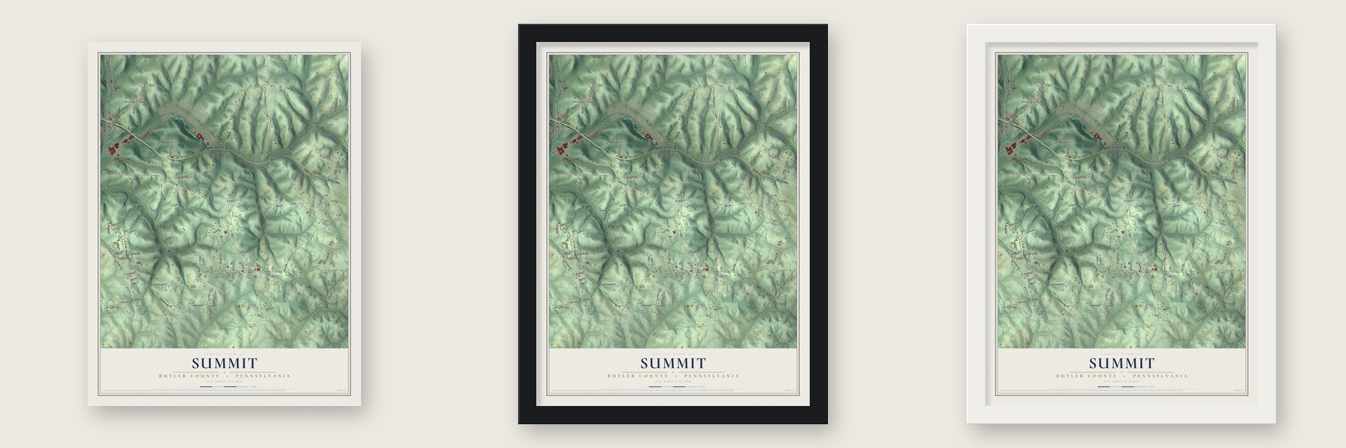 Summit, Butler County, Pennsylvania map unframed, in a black wood frame and in a white wood frame