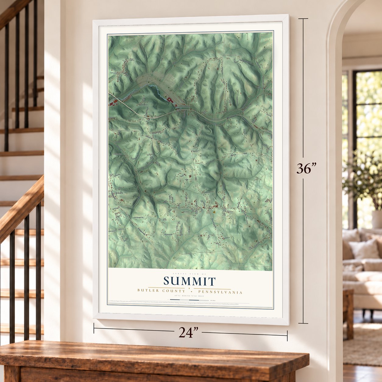 Summit, Butler County, Pennsylvania map, 24 x 36 inch print in a white frame by a staircase