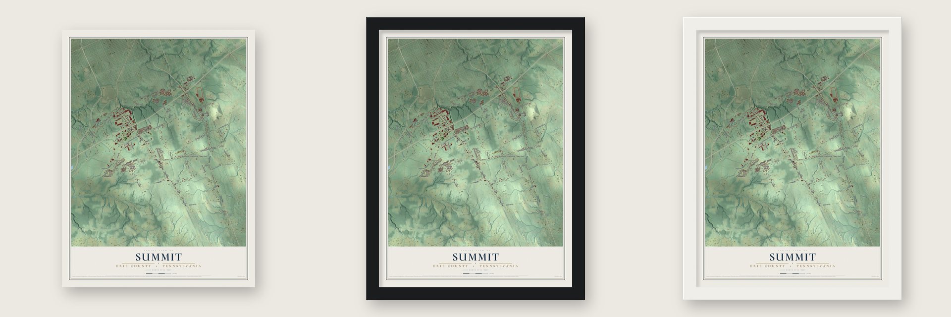 Summit, Erie County, Pennsylvania map unframed, in a black wood frame and in a white wood frame