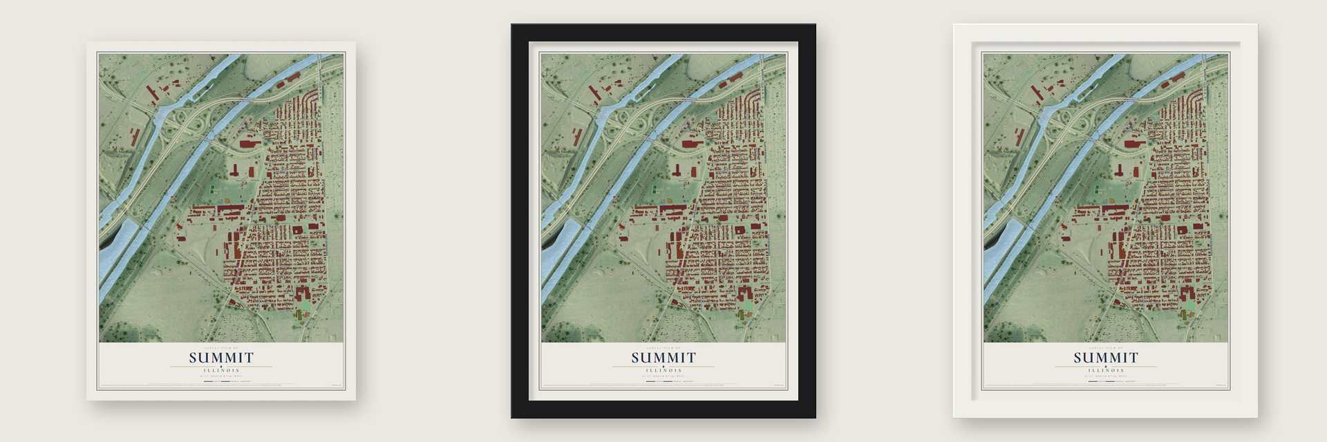 Summit, Illinois map unframed, in a black wood frame and in a white wood frame