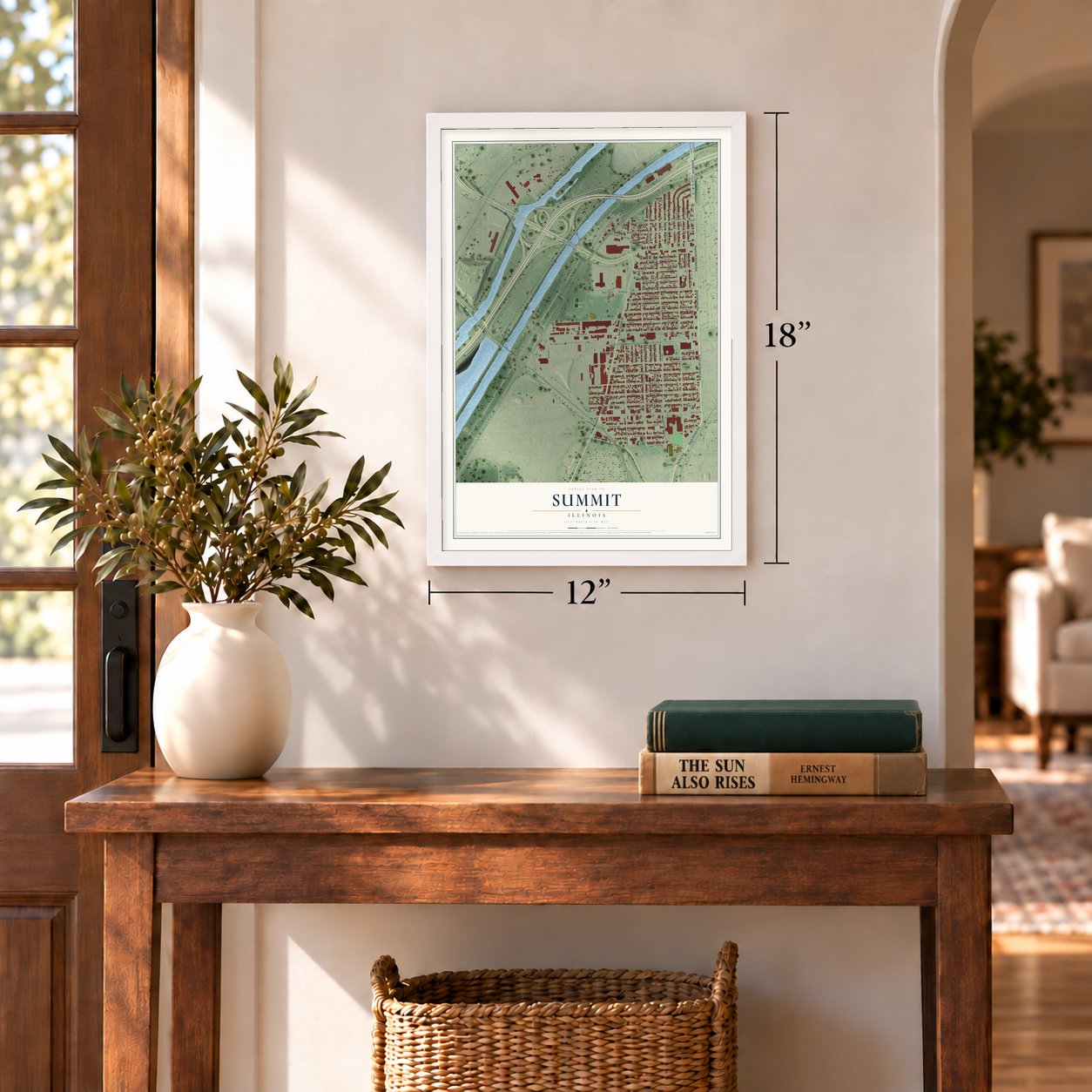 Summit, Illinois map, 12 x 18 inch print in a white frame in an entryway