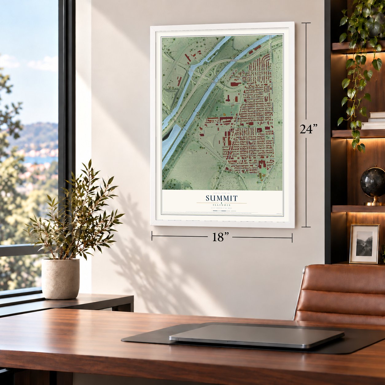 Summit, Illinois map, 18 x 24 inch print in a white frame in a home office