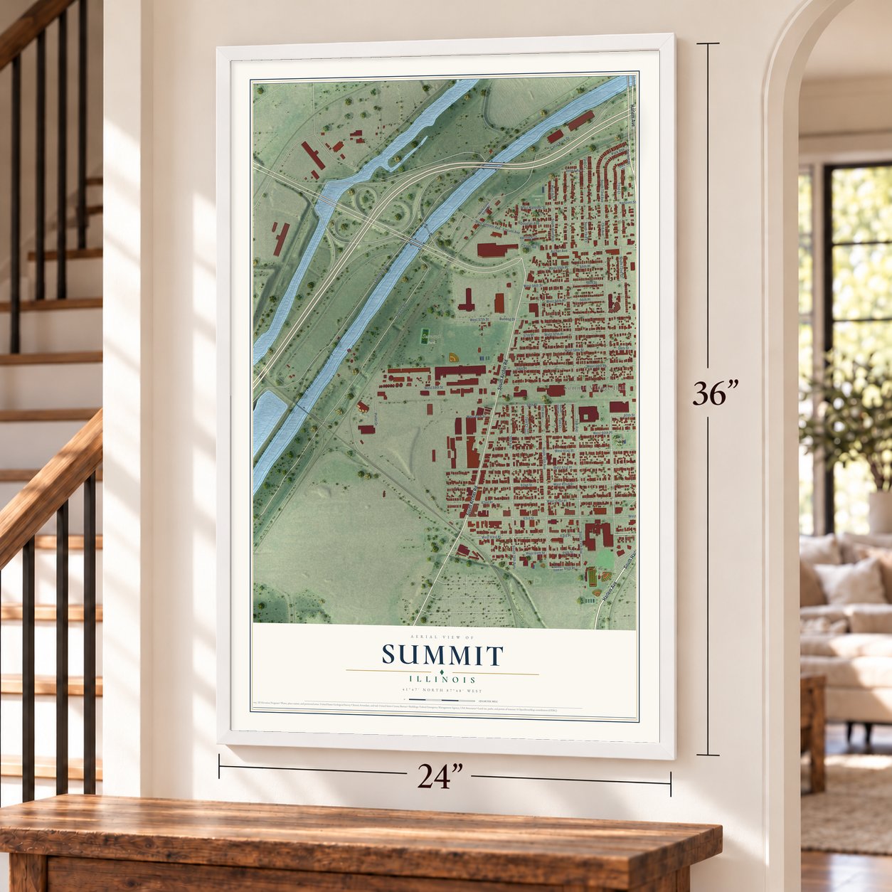 Summit, Illinois map, 24 x 36 inch print in a white frame by a staircase