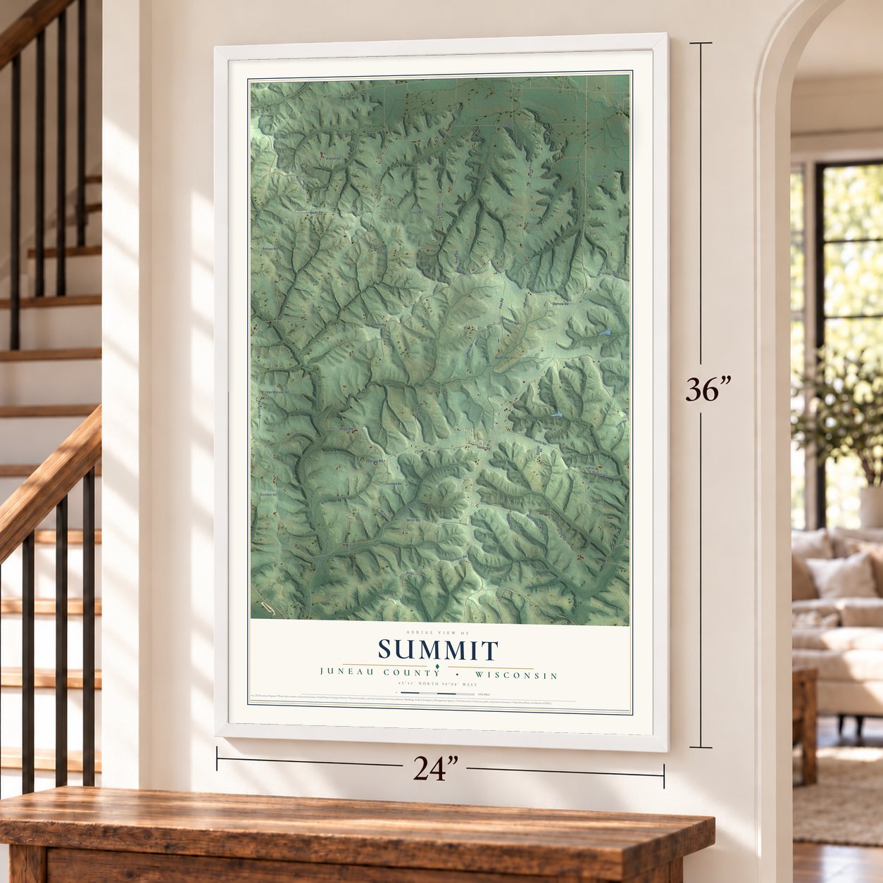 Summit, Juneau County, Wisconsin map, 24 x 36 inch print in a white frame by a staircase