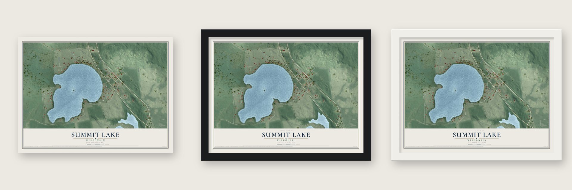 Summit Lake, Wisconsin map unframed, in a black wood frame and in a white wood frame