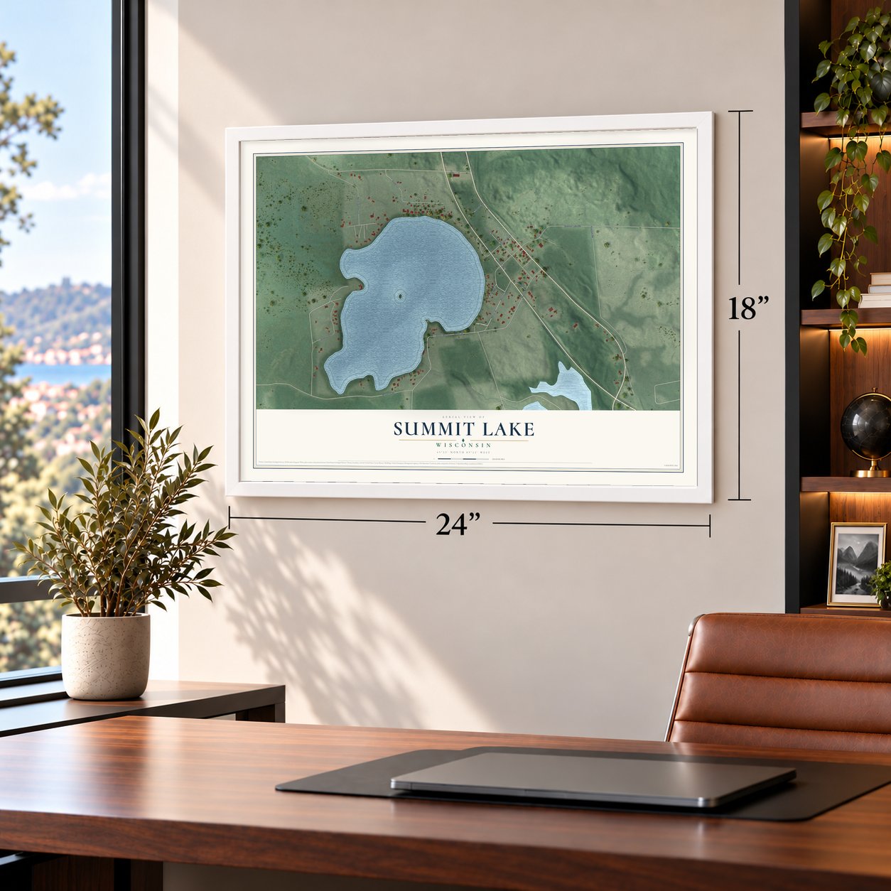 Summit Lake, Wisconsin map, 18 x 24 inch print in a white frame in a home office