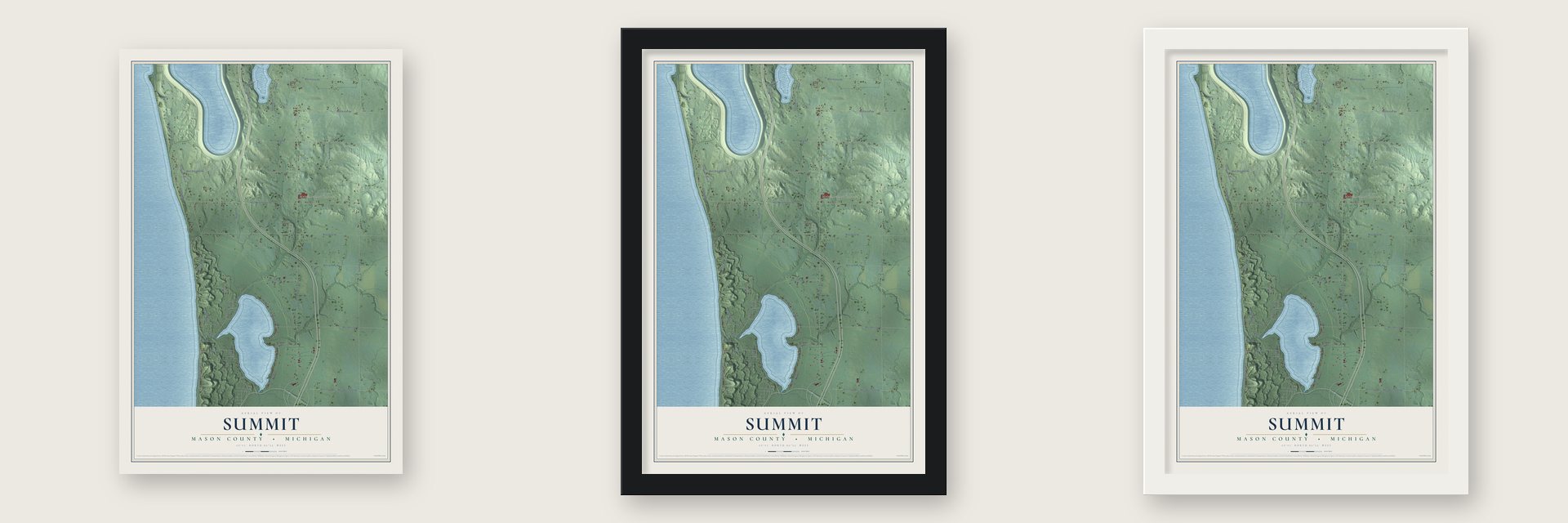 Summit, Mason County, Michigan map unframed, in a black wood frame and in a white wood frame