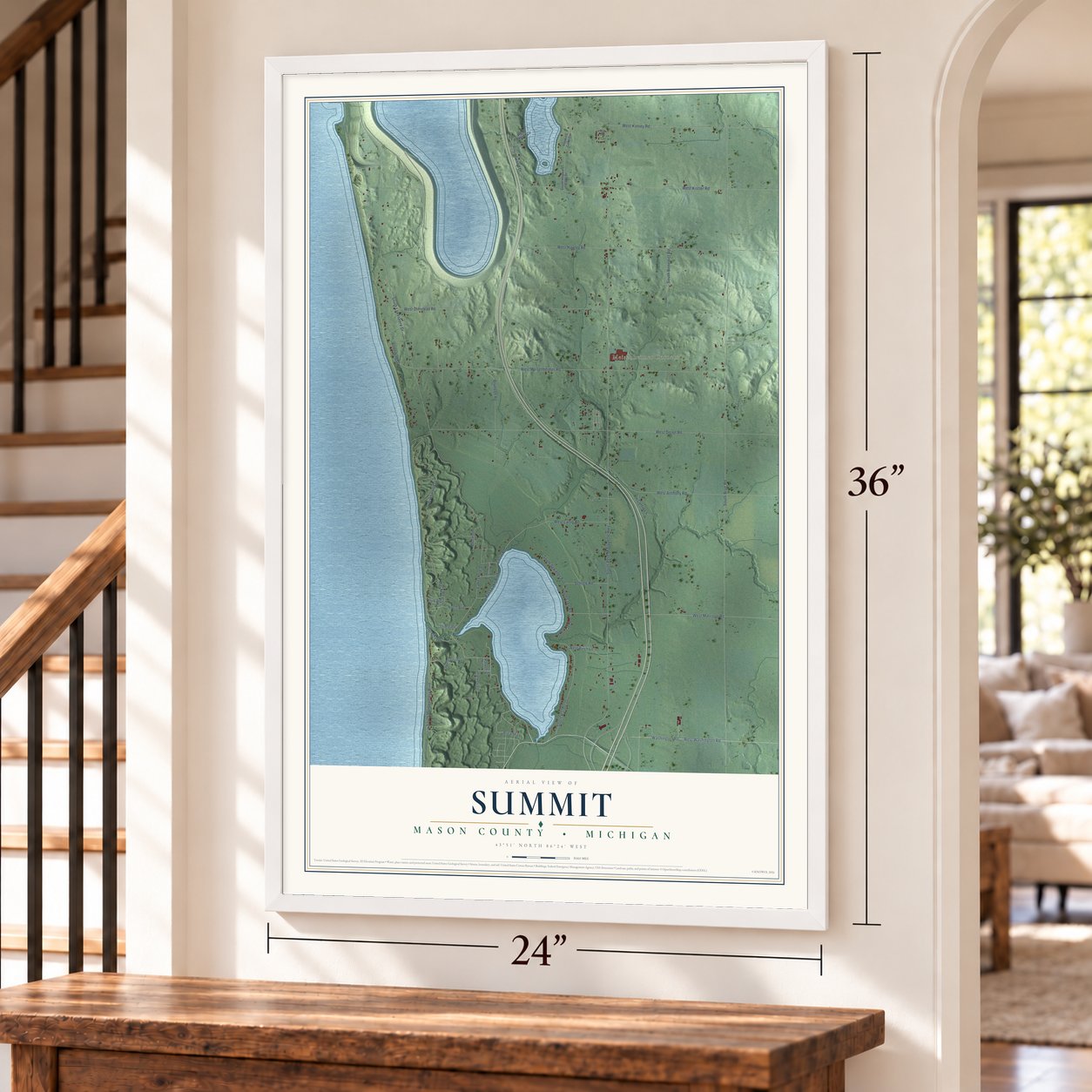 Summit, Mason County, Michigan map, 24 x 36 inch print in a white frame by a staircase